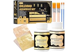 Gilding Adhesive Set, TUFINEIN 3.53oz/100ml Water Based Adhesive and Varnish, Gold Leaf and Champagne Gold Foil Gilding Kit, Furniture & Crafts Decoration, Art Painting, DIY Decorative Painting