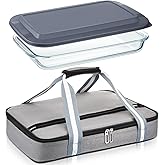 FoldTier Glass Baking Dish with Lid Glass Casserole with Carrier 9 x 13 Inch Insulated Bag for Hot or Cold Food Deep Casserole Dish for Oven Potluck Party Picnic Cookouts