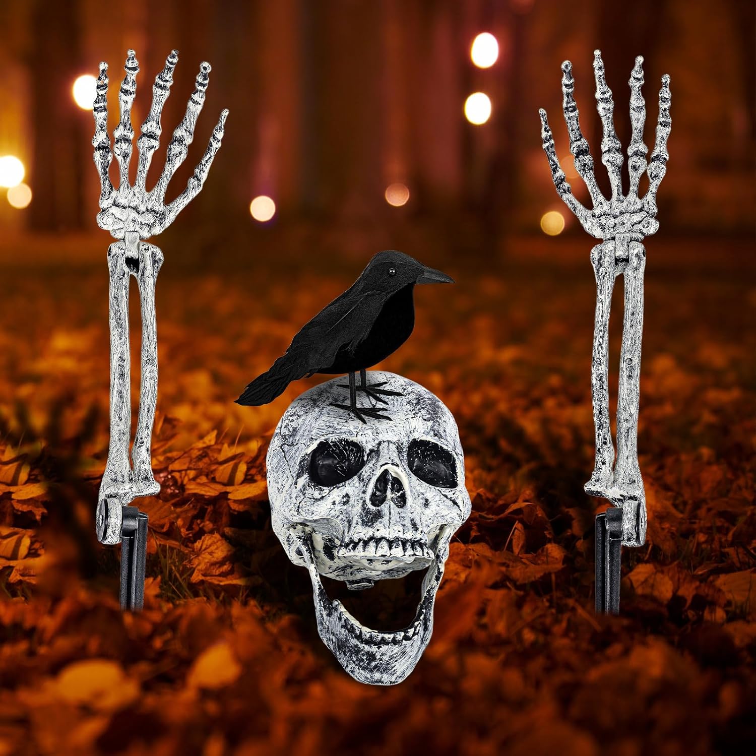 Decorative Garden Stakes - Halloween Decorations Outdoor, Halloween Skeleton Outdoor with Crow, Skeleton Stakes in Ground Halloween Decor, Scary Groundbreakers for Halloween Skull Graveyard Yard Lawn Garden Decor