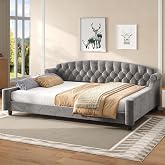 Merax Queen Size Upholstered Daybed with Tufted Button Backrest, Gray | Velvet Multifunctional Sofa Bed, Curved Tufted Upholstered Backrest, 600 Lbs Weight Capacity, No Box Spring Needed