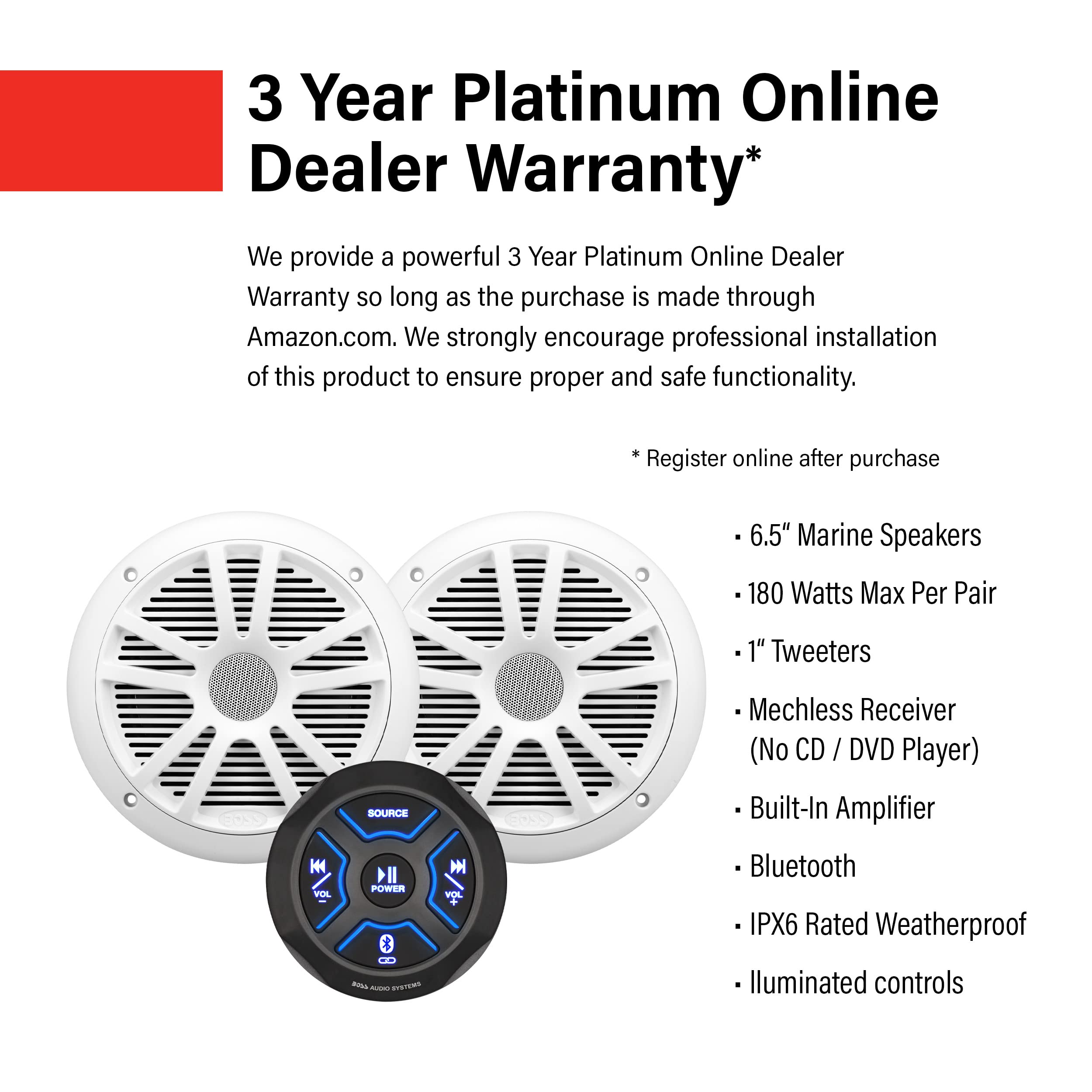 BOSS Audio Systems MG150W.6 Marine Boat Stereo Sound System Speaker Package - Built-in 2 Cannel Amplifier Head Unit, IPX6 Weatherproof, Bluetooth, No CD Player, USB, 6.5 Inch Full Range Speakers