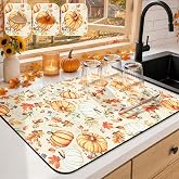 Findosom Fall Dish Drying Mat, 12" x 20" Absorbent Autumn Harvest Dish Mat | Assorted Pumpkins Coffee Mat with Maple Leaves Mushrooms Acorns Pattern, Hide Stain Drying Mat for Kitchen Counter Fall Decor