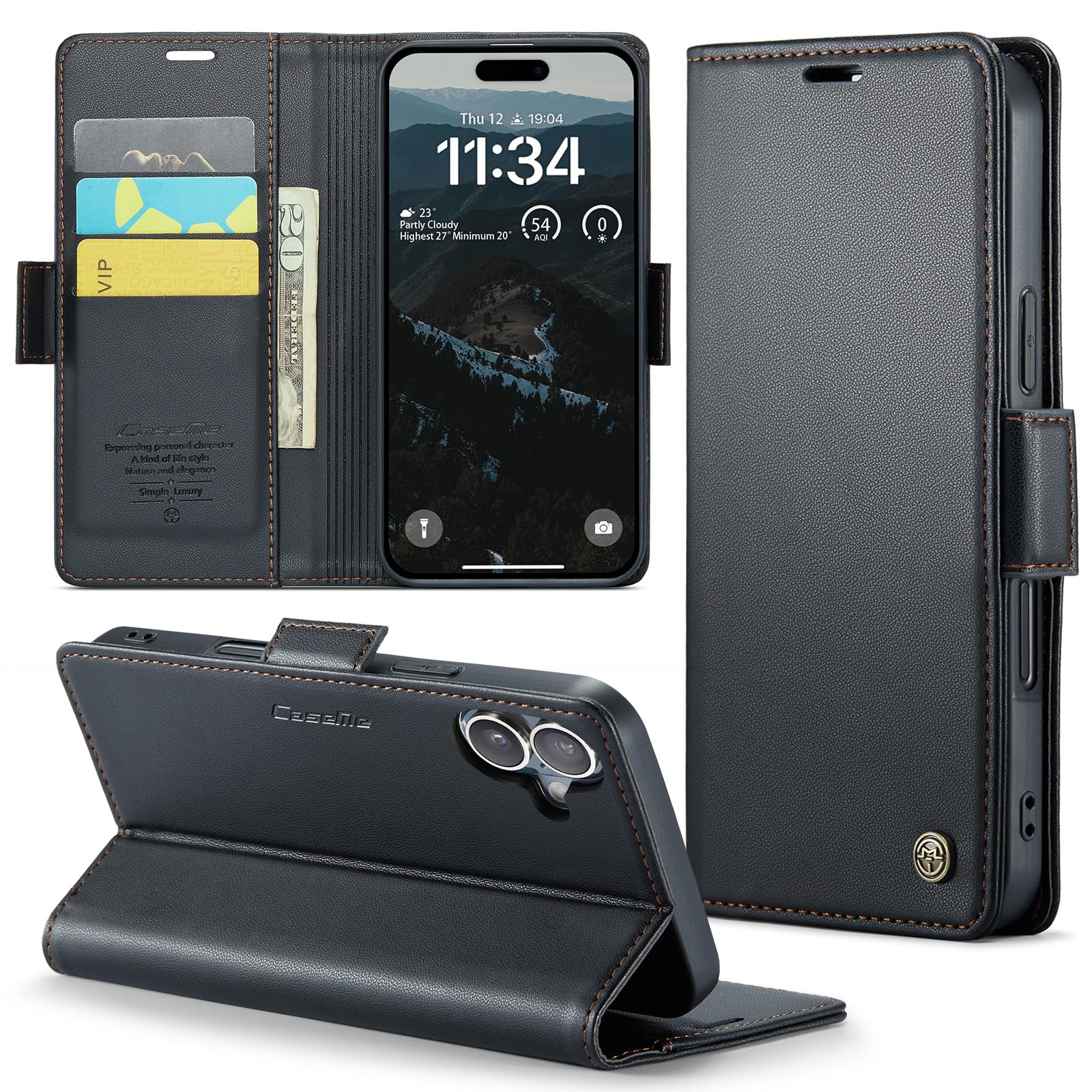 Phernykas for iPhone 16 Plus Wallet Case with Card Holder, Kickstand RFID Blocking Magnetic Closure Shockproof Protective PU Leather Case for iPhone 16 Plus Flip Case Wallet - Black