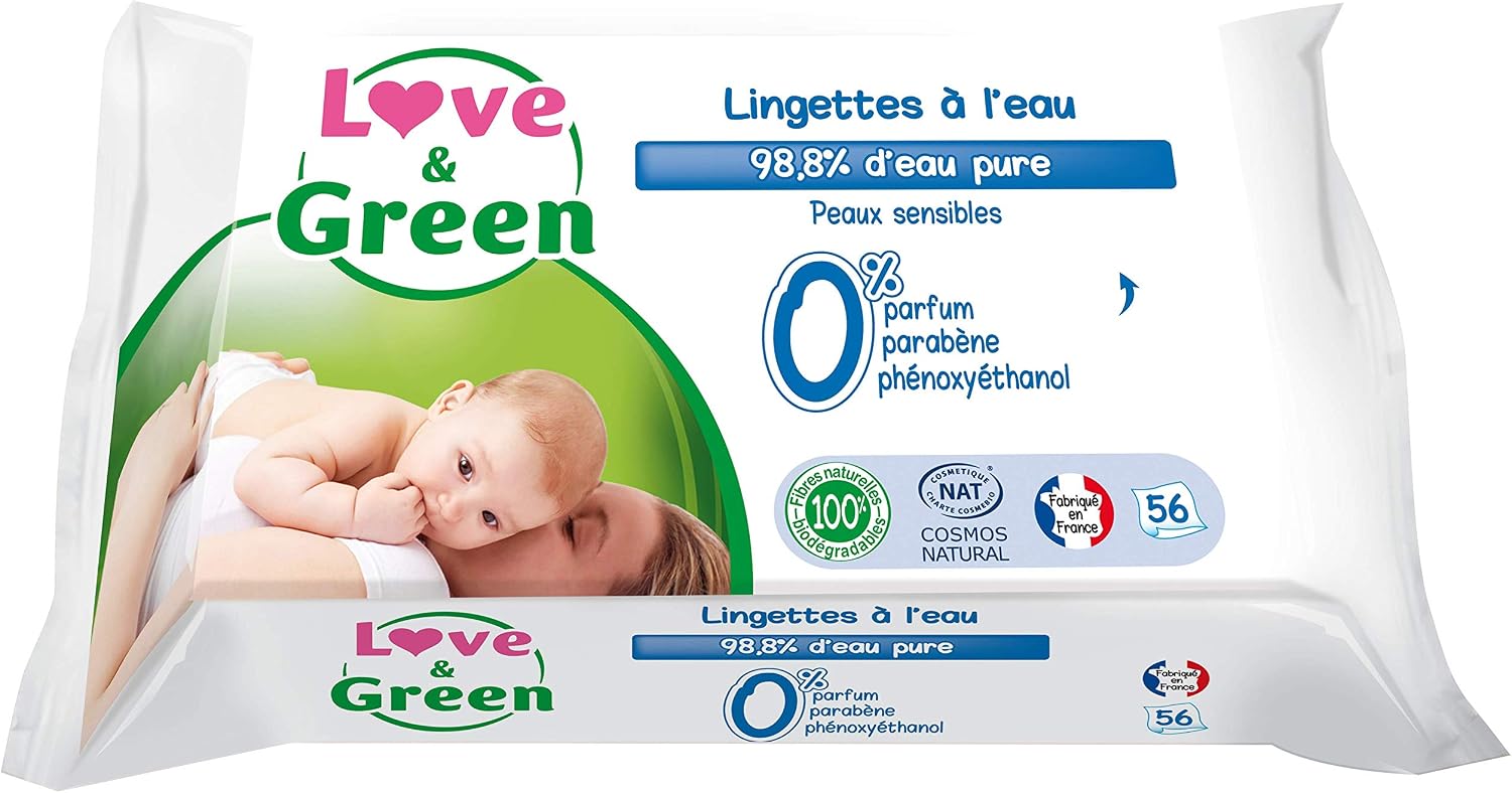 Love & Green Healthy and Ecological Water Wipes, Pack of 56 Wipes, Cosmos Natural Certified by ECOCERT and FSC, Recyclable Packaging