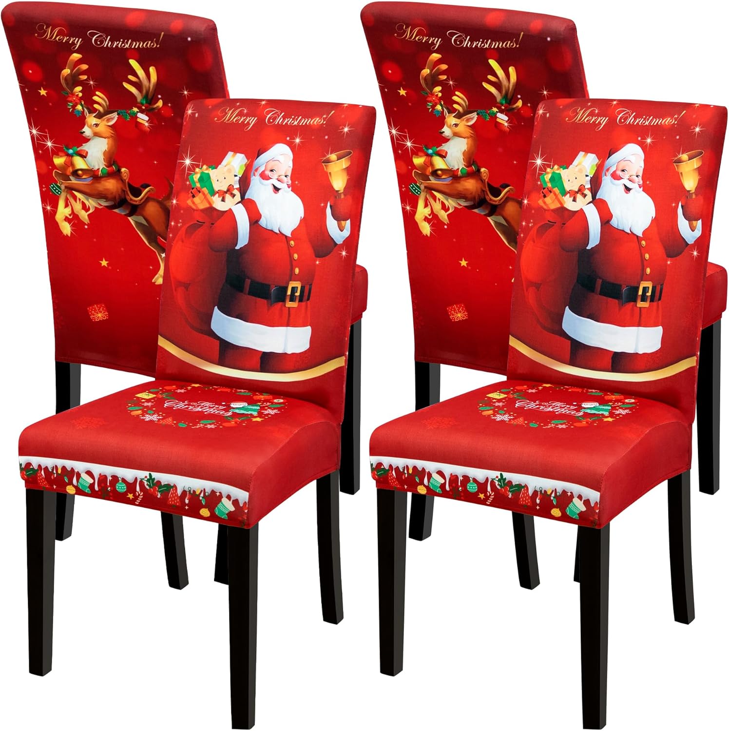 Slipcovers - 4PCS Christmas Dining Chair Covers, Stretch Removable Washable Dining Room Chair Protector Slipcovers, Santa Claus Deer Kitchen Chair Cover, Slipcovers Protector for Xmas Holiday Party Home Décor