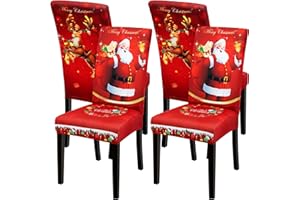CZL 4PCS Christmas Dining Chair Covers, Stretch Removable Washable Dining Room Chair Protector Slipcovers, Santa Claus Deer Kitchen Chair Cover, Slipcovers Protector for Xmas Holiday Party Home Décor