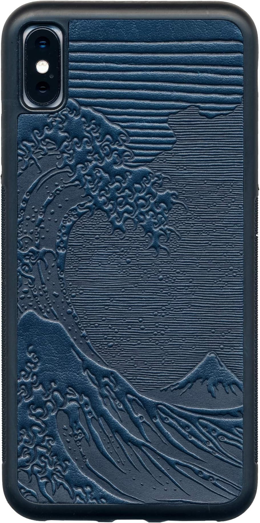 Leather iPhone Case for iPhone XR, Rugged, Flexible TPU iPhone Holder with Embossed Top Grain Cowhide Leather, Handcrafted in USA, Hokusai Wave by Oberon Design (XR)