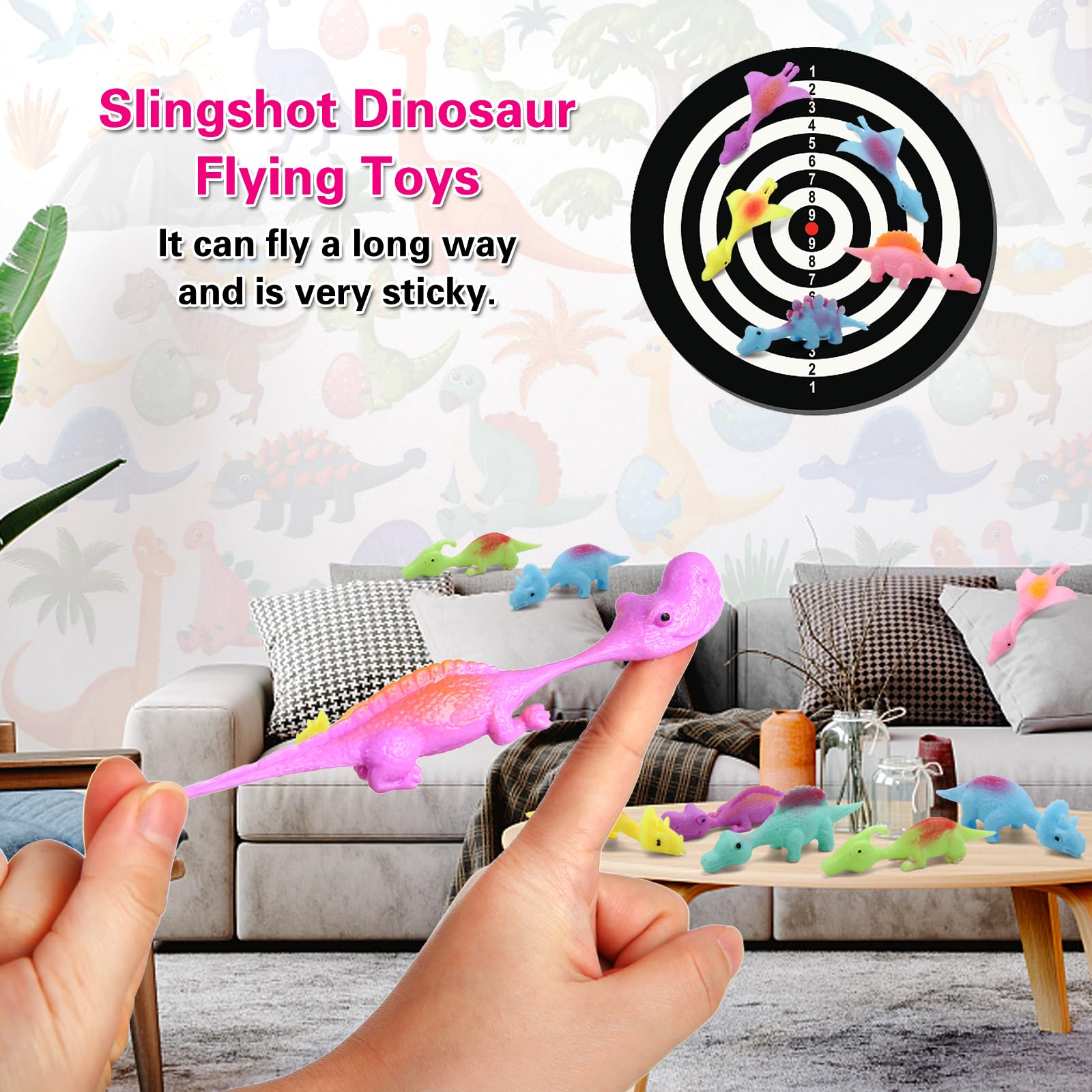 Mantyplay 20 Pcs Slingshot Dinosaur Finger Toys, Party Favors for Kids Sticky Rubber Dino Flying Catapult Fidget Toys for Boys Girls Birthday Goodie Bag Easter Basket Stuffers Valentines Xmas Gifts