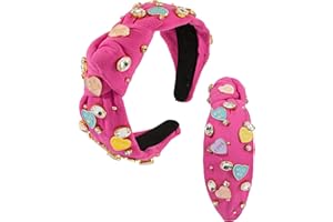 MIXCBE Valentine's Day Rhinestone headband for women Hot Pink heart XOXO Love Charm Embellished Top Hairband Twist Wide Hair Band (Valentine's Day-Rosy)