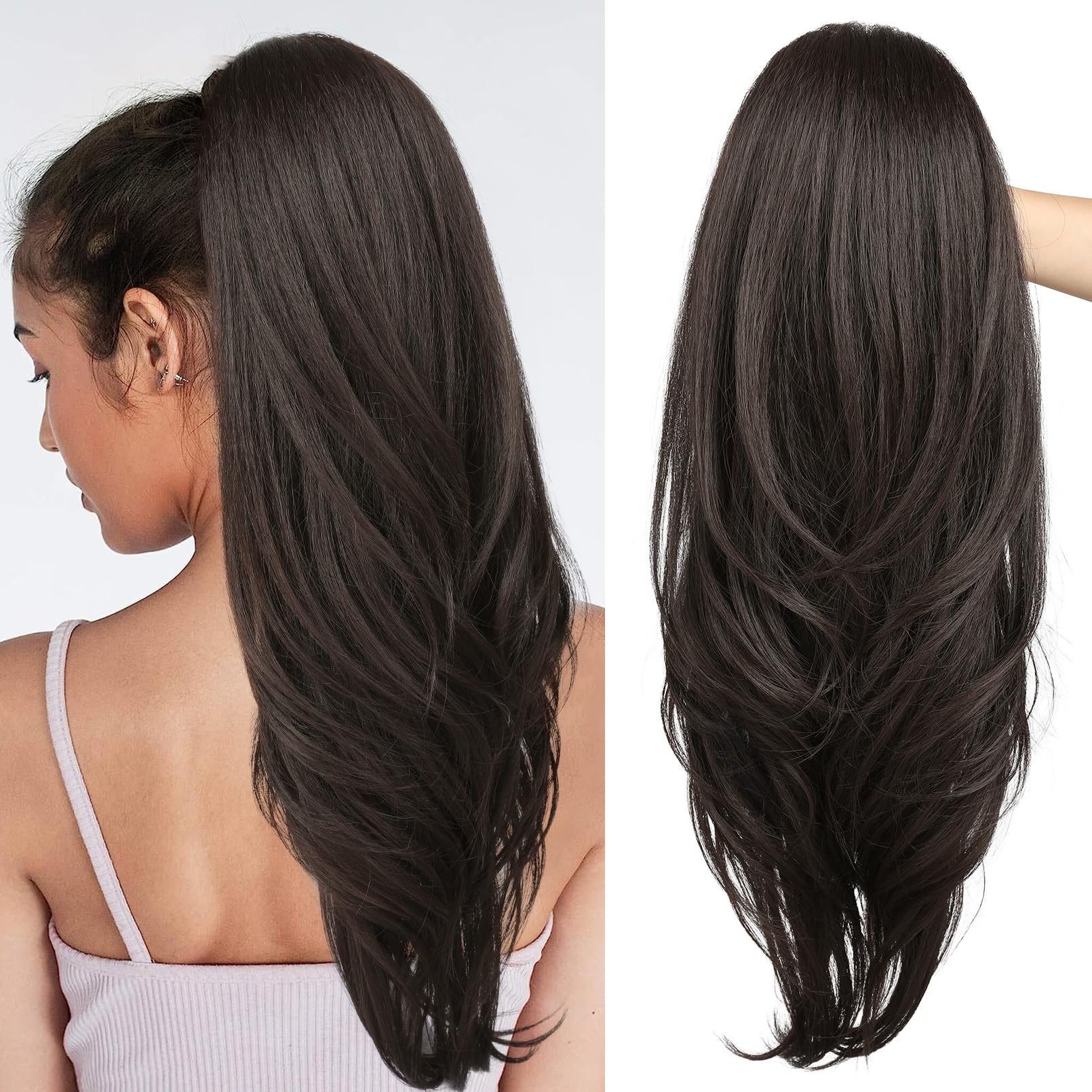 Photo 1 of SEIKEA Versatile Drawstring Ponytail Extension, 26" Long Wavy Multi Layered Clip in Ponytail Hair Extensions Stand Up High Fake Pony Tail Soft Natural Synthetic Hairpiece for Women Black Brown