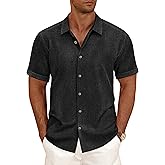 CURBODO Linen Blend Shirts for Men Casual Short Sleeve Button Down Shirt Cool Summer Beach Wedding Vacation Tops