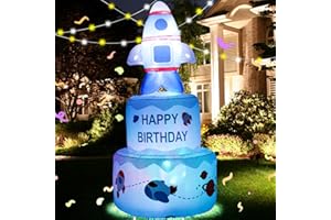 TRMESIA 6FT Inflatable Happy Birthday Cake Outdoor Decorations with LED Lights, Blow-up Birthday Party Addition for Indoor Yard Lawn Patio Decoration, Home Celebration DIY Birthday Cake Rocket Shape, Blue