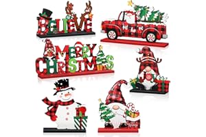 Capoda 6 Pcs Christmas Table Decorations Wooden Christmas Table Centerpieces Xmas Snowman Santa Claus Gnome Signs Merry Xmas Toppers for Holiday Party Supplies(Red, Black)