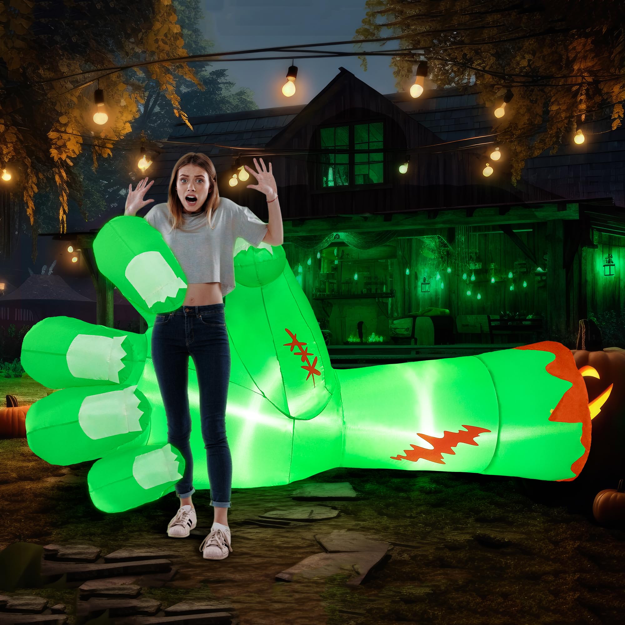 Photo 1 of Joiedomi 9 Ft Long Giant Halloween Inflatables Zombie Arm Outdoor Decoration, Giant Arm Blow Up Yard Decoration with Built-in LEDs, Halloween Inflatables Zombie Arm Party Supplies for Yard Garden Lawn