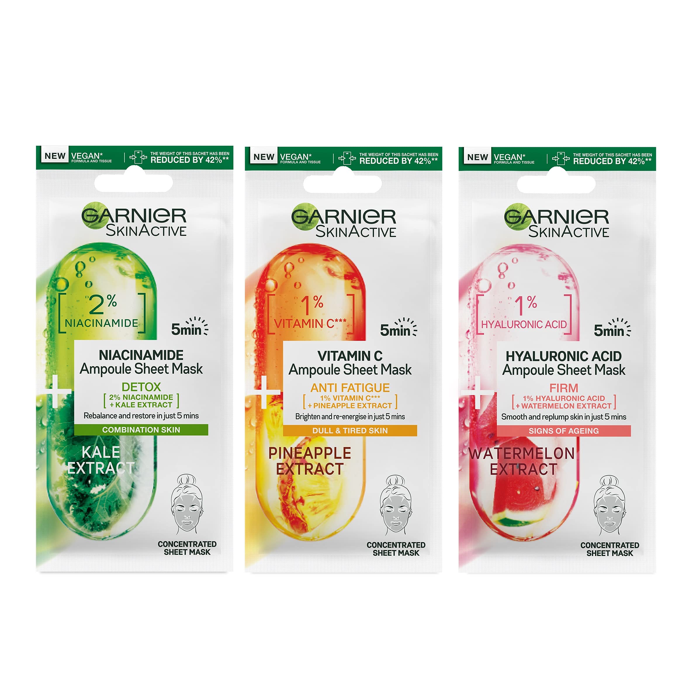 Garnier Ampoule Sheet Masks, Set Of 3 - 1% Vitamin Cg + Pineapple To Brighten Skin, 1% Hyaluronic Acid + Watermelon To Replump Skin, 2% Niacinamide + Kale To Rebalance Oily Skin, Fast Action 5 mins.