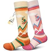 unenow Merino Wool Ski Socks Kids 2 Pairs, Winter Warm Snowboarding Thermal Socks for Boys Girls Toddlers