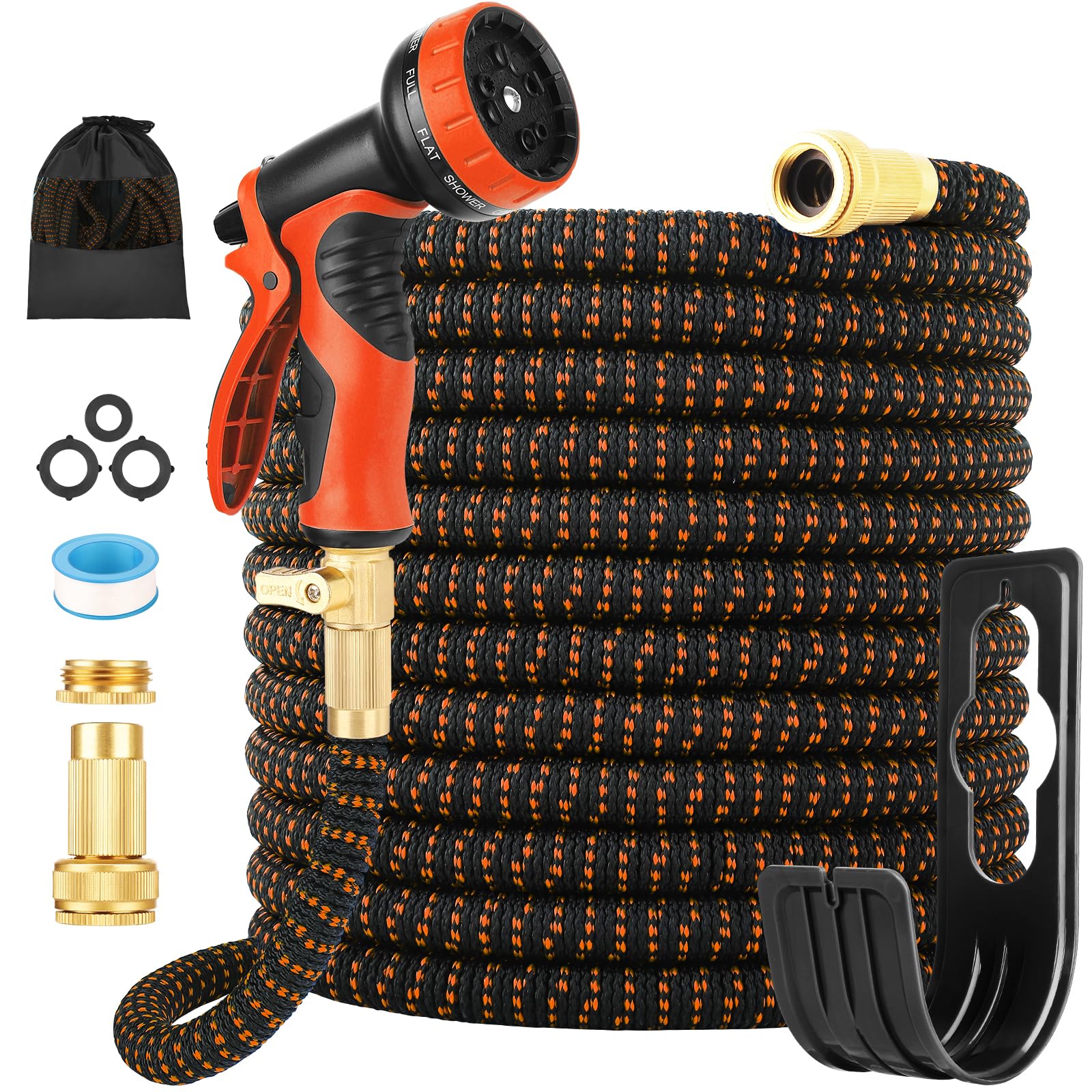 Garden Hose, Upgraded 4-Layer Latex Hose Pipe, 50FT Expandable Garden Hose with 10 Function Nozzle, 3/4" 1/2" Brass Connectors, Leak-Proof Flexible Hose Pipe for Gardening, Car Washing(Orange)