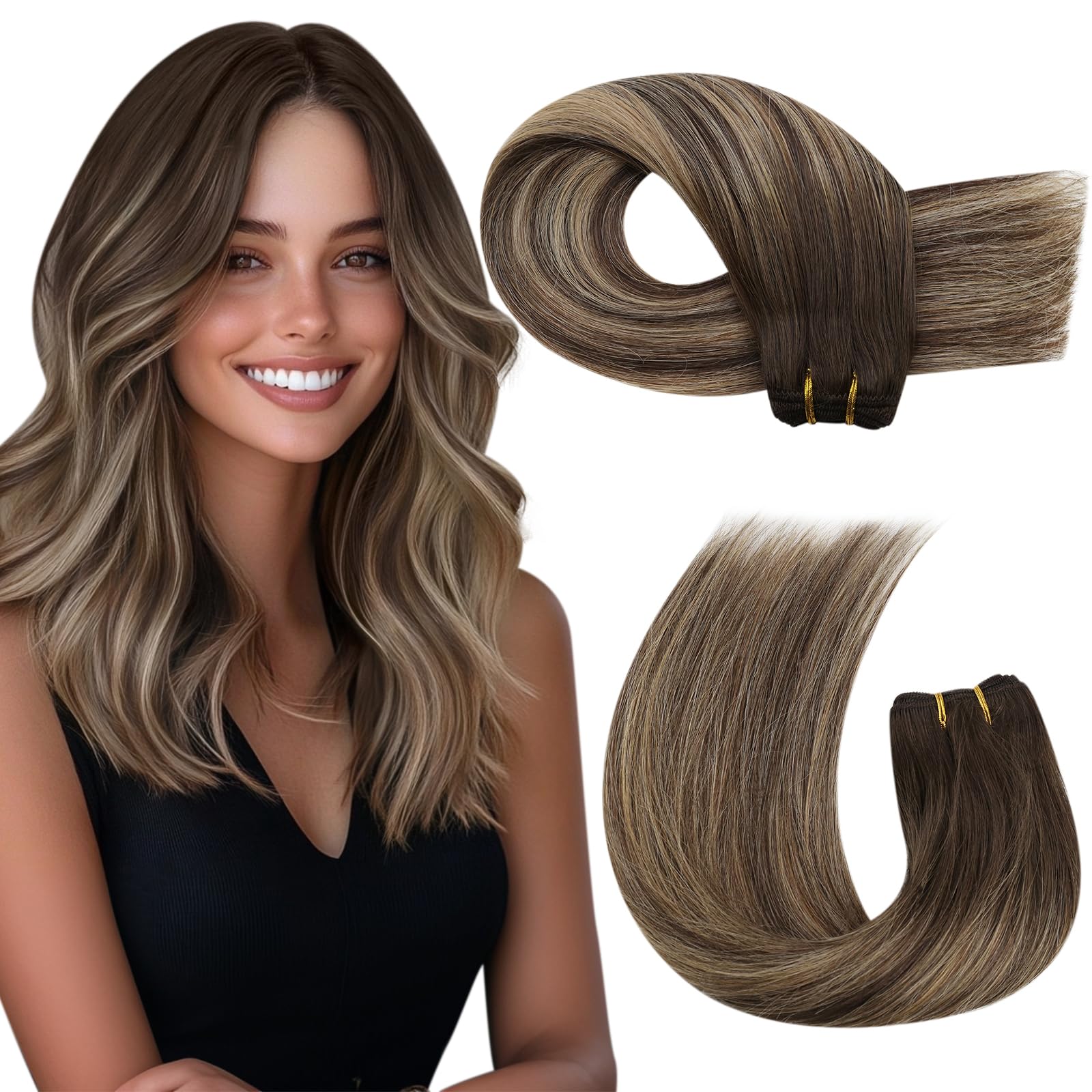 Moresoo Weft Hair Extensions Remy Human Hair Long 24 Inch for Women Real Hair Sew in Hair Extensions Balayage Dark Brown with Caramel Blonde Natural Reflection Add Volume 100g/Pack #4/27/4 — image 1