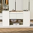 RuiSiSi Modern Armoire Bedroom Island with Drawers Glass Top, Multi-Function Closet Island with Display Shelf & 6 Drawers, Wooden Storage Cabinet for Walk in Closet Wardrobe, Bedroom, White