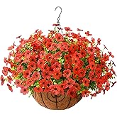 ZFProcess Artificial Faux Hanging Plants Flowers Basket Outdoor Porch Garden Spring Summer Decoration, Fake Silk Daisy in Planter Realistic UV Resistant for Outside Home Patio Balcony Yard(Red)