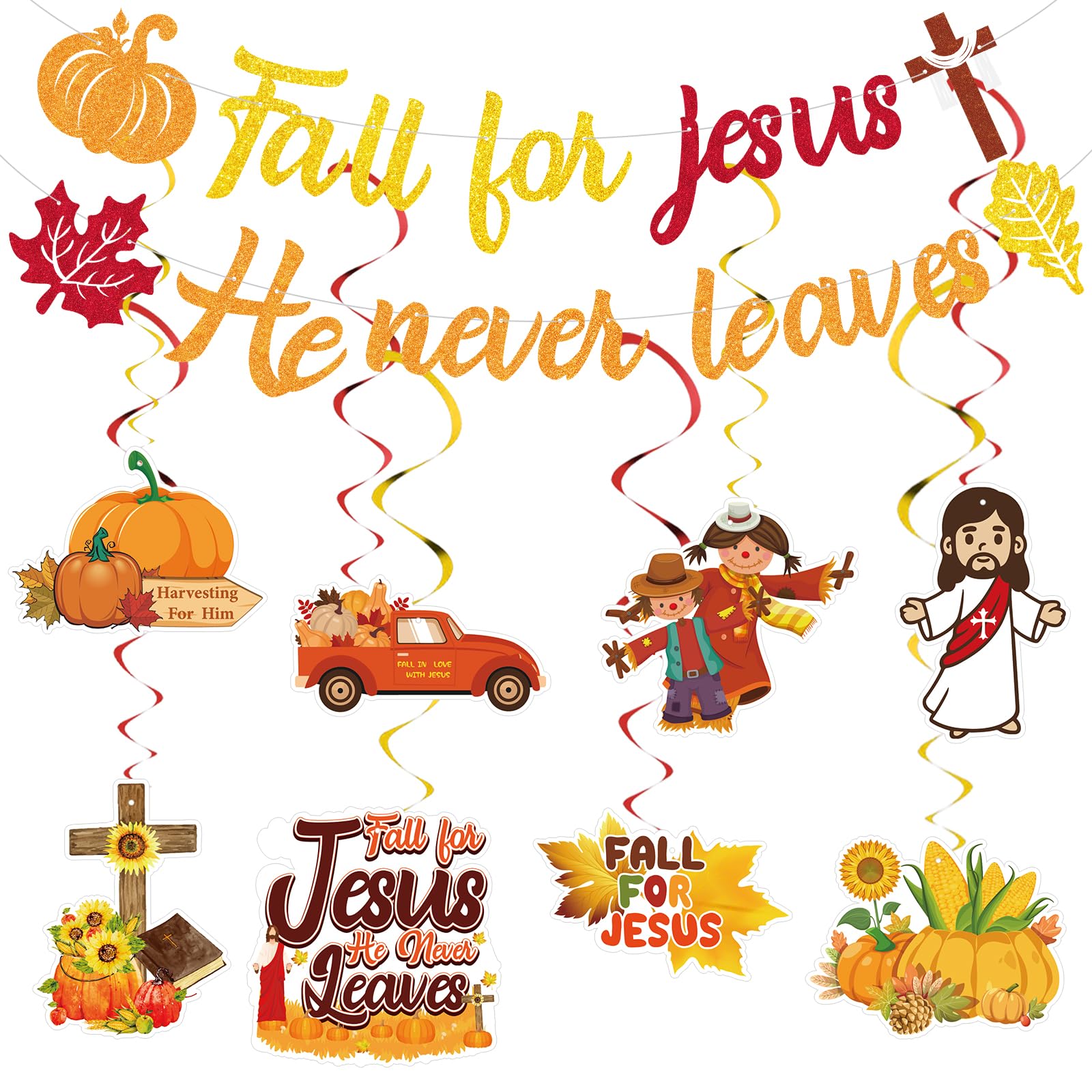 Photo 1 of Fall for Jesus Party Decorations,Fall for Jesus He Never Leaves Banner and Hanging Swirls,Christian Fall Decorations,Thanksgiving Autumn Harvest Party Supplies.