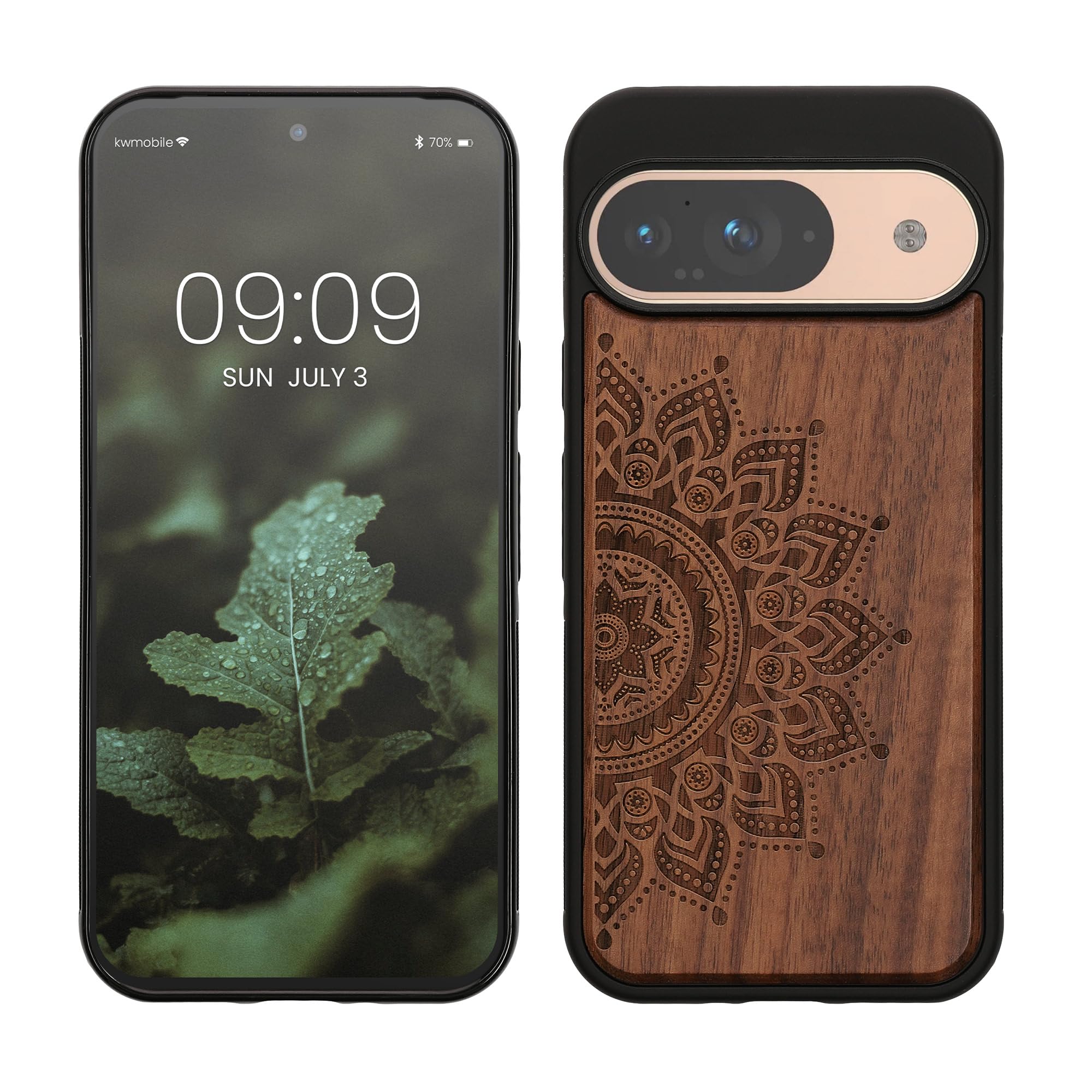 kwmobile Wood Case Compatible with Google Pixel 9 / Pixel 9 Pro Case - Cover - Rising Sun Dark Brown