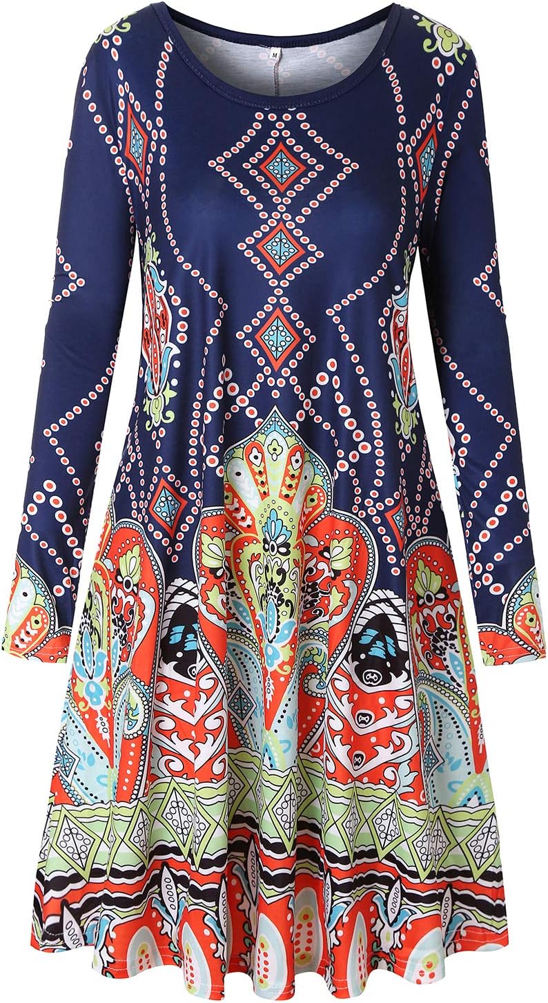 Viracy Womens Casual Round Neck Swing Floral Tunic Shirt Dress with Pockets