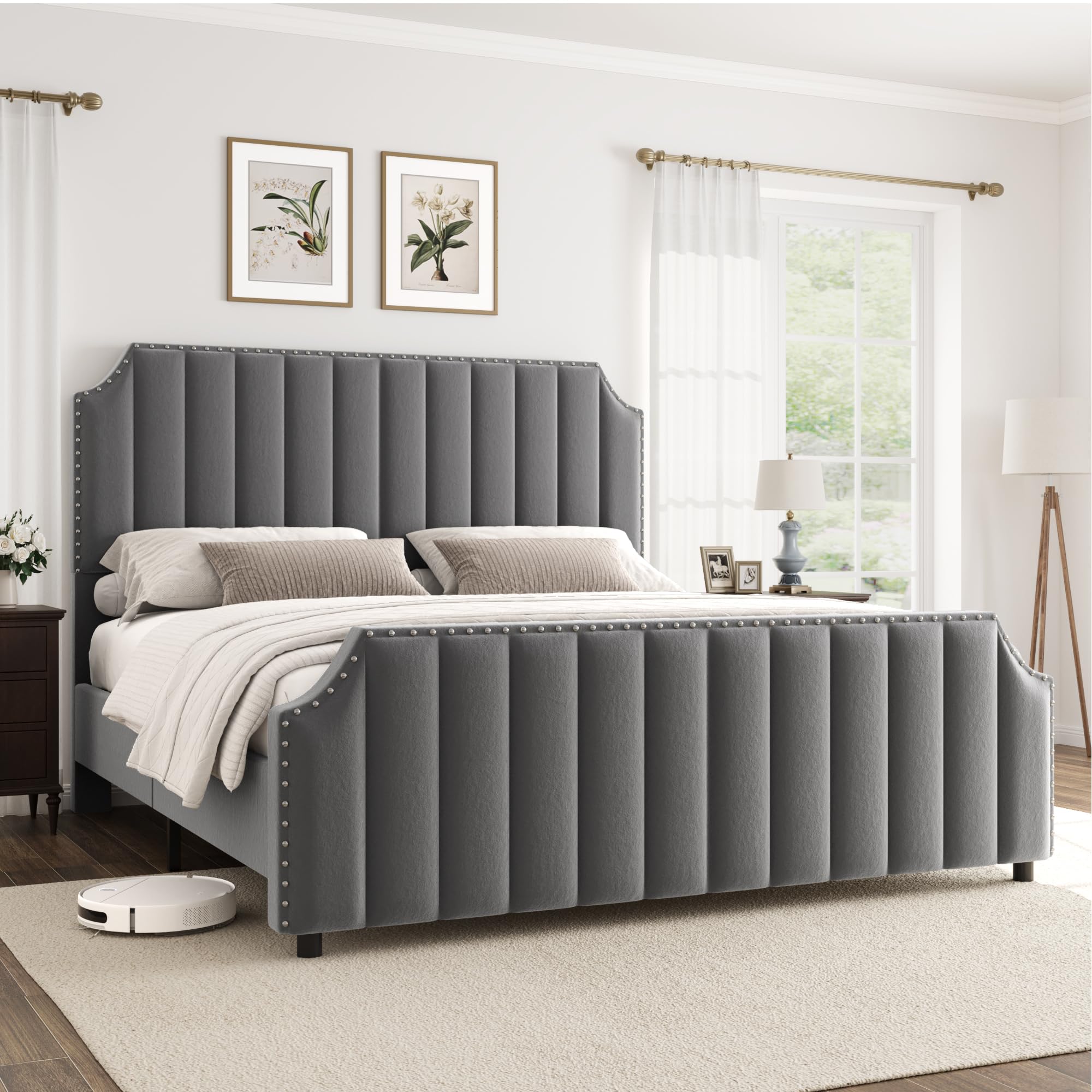 King Size Velvet Bed Frame With Headboard - Upholstered Platform Bed, Mirror Stainless Steel, No Box Spring Needed