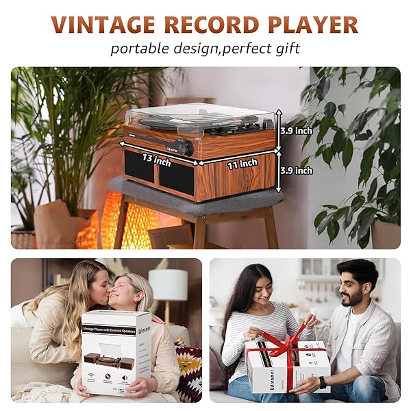 VINYL RECORD PLAYER WITH SPEAKERS,BLUETOOTH PORTABLE TURNTABLE FOR VINYL RECORDS,PHONOGRAPH LP PLAYER WITH 3 SPEED USB RCA IN VINTAGE BROWN