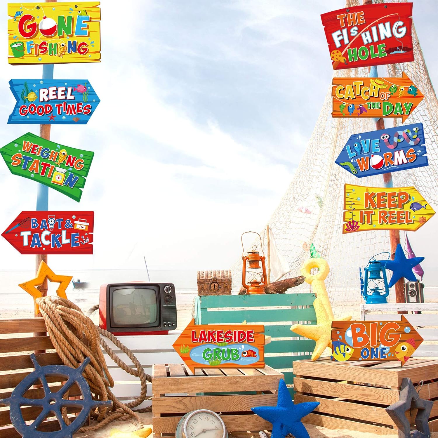 10 Pieces Gone Fishing Party Decorations Signs Little Fisherman Cutouts The Big One Party Directional Welcome Door Banner for Kids Baby Shower Birthday Party Favor Ideas Gone Fishing Theme Supplies: Toys & Games