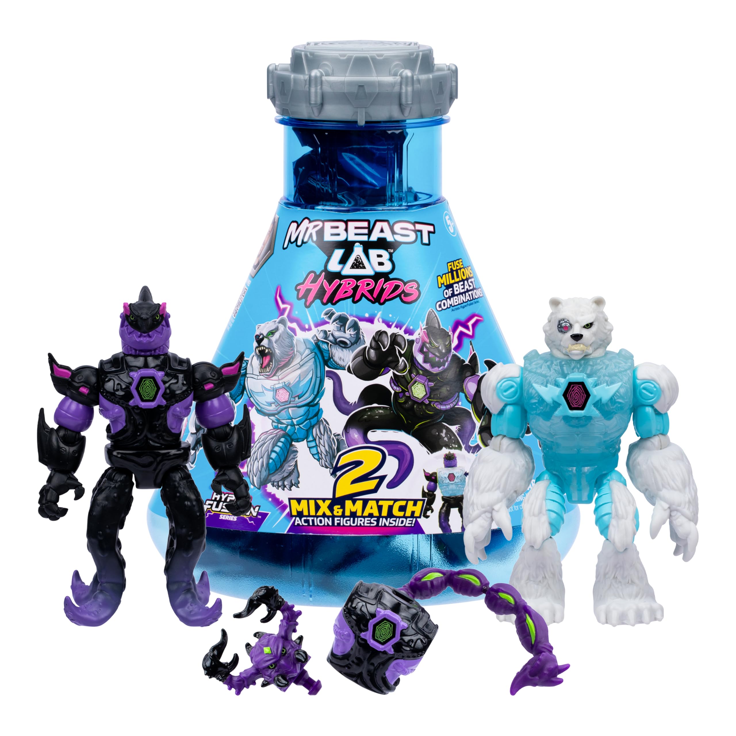 MrBeast Lab Hybrids Multi Pack, Reveal Different Hybrid Parts To Create 2 Mix & Match Action Figures, Plus Parts Of The Golden Panther Dragon, Fuse Millions Of Beast Combinations - Shark VS Polar Bear