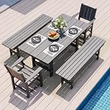 Pamapic 5 PCS Outdoor Dining Set, Spacious HDPE Outdoor Table and Chairs with 2 Bench, Wood Grain Patio Furniture Sets with Elegant Armrest, All-Weather Outdoor Furniture with Umbrella Hole, Gray