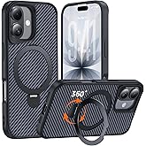 Enlafavo Designed for iPhone 17 Case with 360° Magnetic Stand, Carbon Fiber Phone Case [Compatible with Magsafe] [15FT Military Protection] with Stand Ring 6.3'', Black