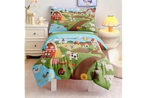 CKOU CCOO 4 Pieces Toddler Bedding Set for Boys Girls,Farmhouse Farm Animal Toddler Comforter Set Bed in a Bag Includes Comforter, Flat Sheet, Fitted Sheet and Pillowcase