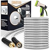 Garden Hose 50 ft, Stainless Steel Water Hose with 10 Function Nozzle Flexible, Heavy Duty, Lightweight, No-Kink, Pet Proof, Puncture Proof Hose Metal for Yard, Outdoor
