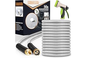 UNYWARSE Garden Hose 50 ft, Stainless Steel Water Hose with 10 Function Nozzle Flexible, Heavy Duty, Lightweight, No-Kink, Pet Proof, Puncture Proof Hose Metal for Yard, Outdoor