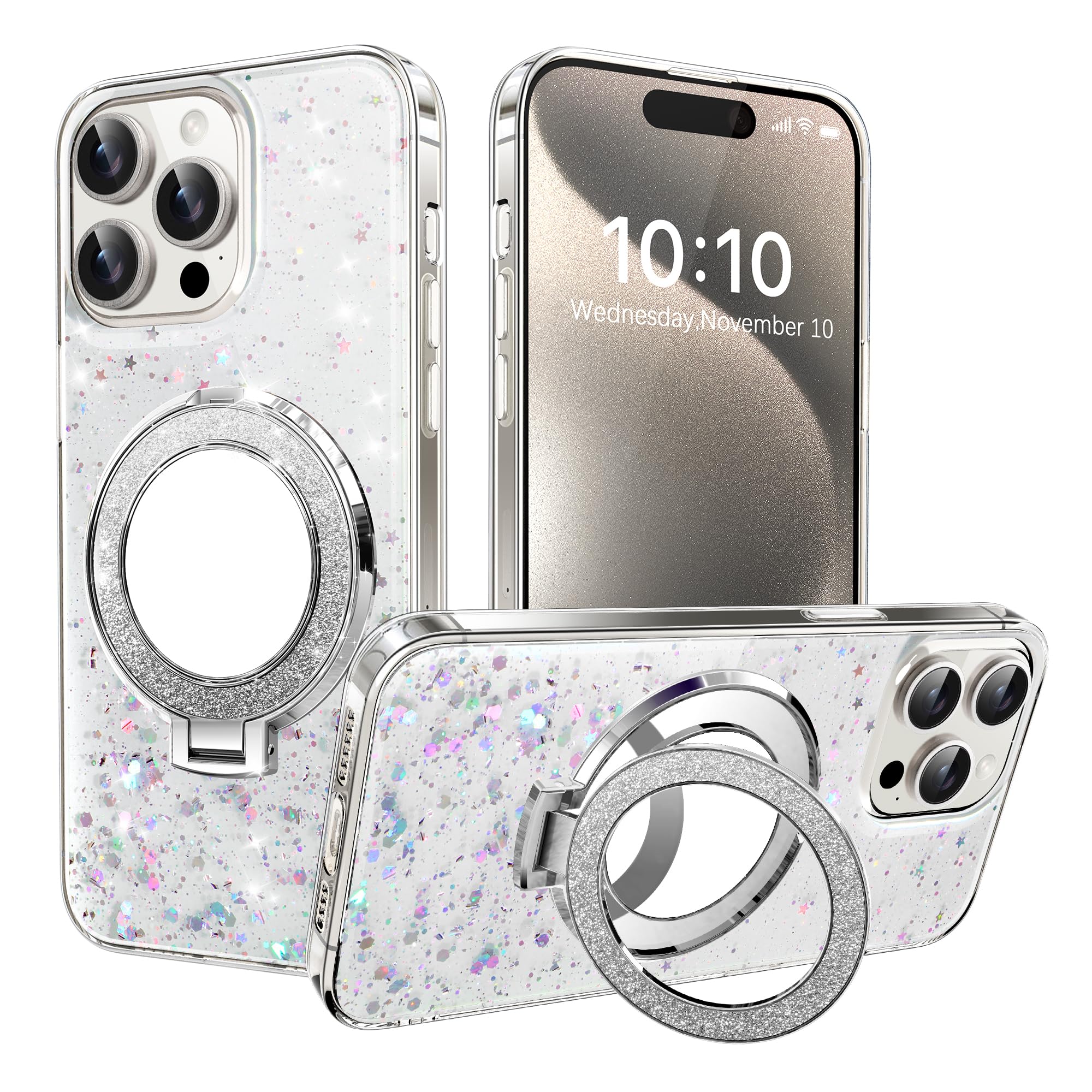 QIWEIQING Glitter Case Compatible with iPhone 16 Pro Sparkle Transparent Sequin Phone Case with Makeup Mirror Stand Slim Soft TPU Bumper Silicone Shockproof Cover for iPhone 16 Pro. Silver DJM