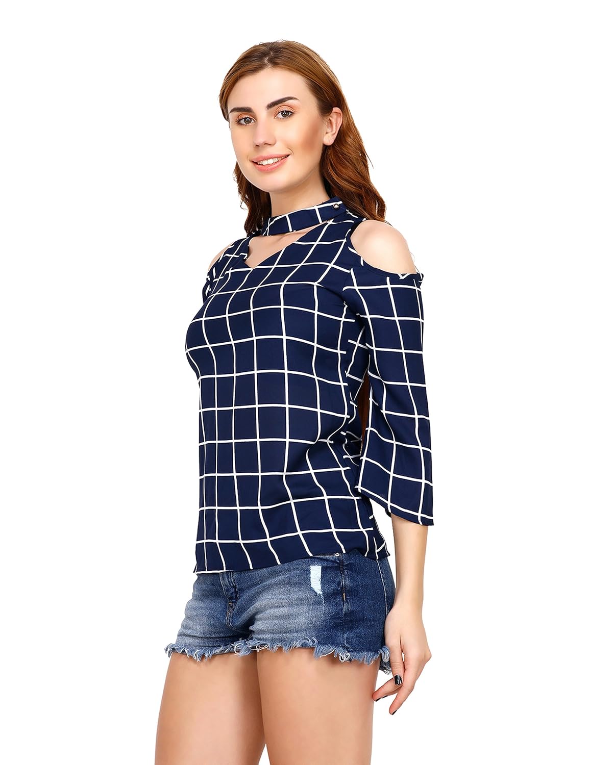 acanthus windowpane asymmetric neck cold shoulder top for womens