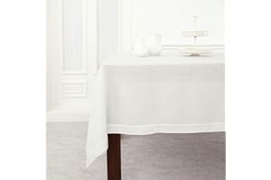 Solino Home White Linen Tablecloth 60 x 120 Inch - 100% Pure Linen Hemstitch Table Cloth for Rectangle Tables - Classic Hemst
