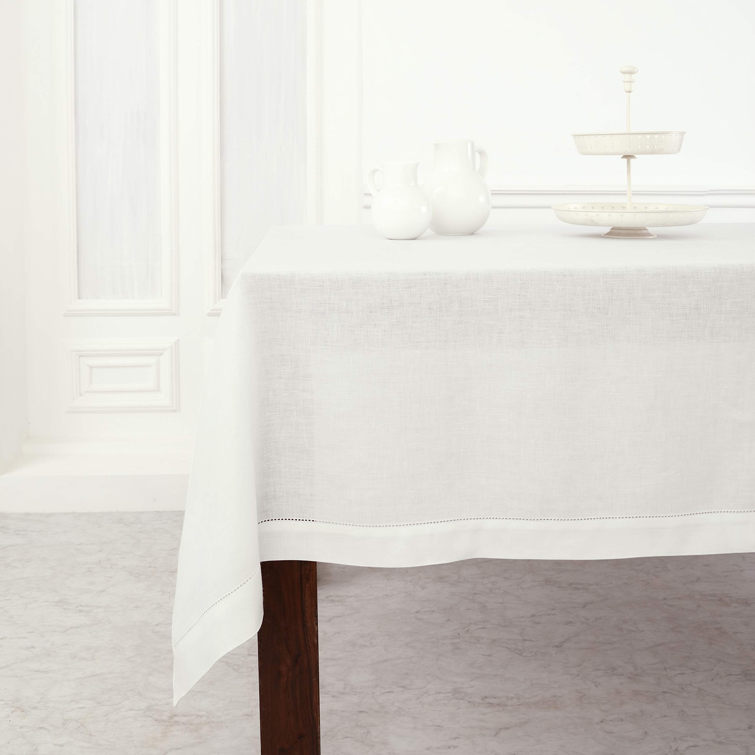 Solino Home Linen Tablecloth 60 x 108 Inch – 100% Pure Linen Christmas White Tablecloth Classic Hemstitch – Machine Washable and Handcrafted from European Flax