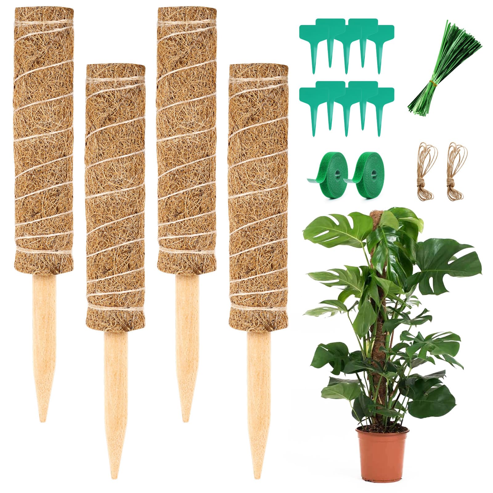 Vicloon Moss Pole, 4pcs Coir Totem Pole, Coir Moss Stick Plant Totem Moss Sticks for Indoor Plants Climbing, Creepers, with Twist Ties Plant Ties Labels Jute Rope, Moldproof Sticks Support (30cm)