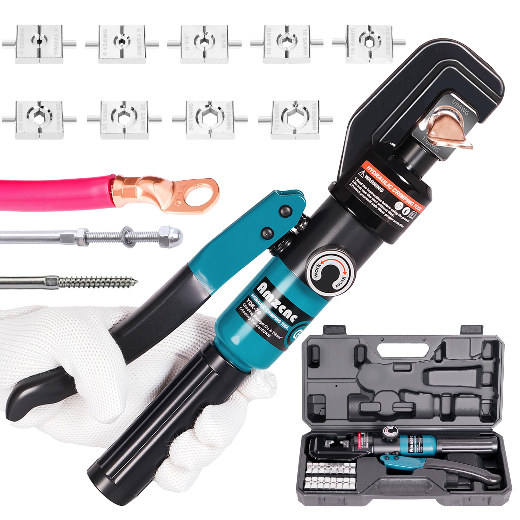 Photo 1 of 10 Ton Hydraulic Battery Cable Crimper – Single-Hand Return, 9 Hex Dies for 12-2/0 AWG, 180° Rotating Head, Pro Terminal Tool for Car/RV/Marine Power