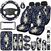 Estune 19 Pcs Car Seat Covers, Full Set Car Accessories Steering Wheel Front Rear Seat Headrest Armrest Belt Cover Keychains Wrist Strap Cup Holder for SUV (Moon Stars Sun)