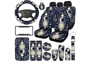 Estune 19 Pcs Car Seat Covers, Full Set Car Accessories Steering Wheel Front Rear Seat Headrest Armrest Belt Cover Keychains Wrist Strap Cup Holder for SUV (Moon Stars Sun)