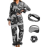 EPLAZA 2 Pcs Silk Pajamas for Women Satin Pajama Set Feather Trim Long Sleeve Button-Down Pj Set Lounge Sleepwear with Pocket