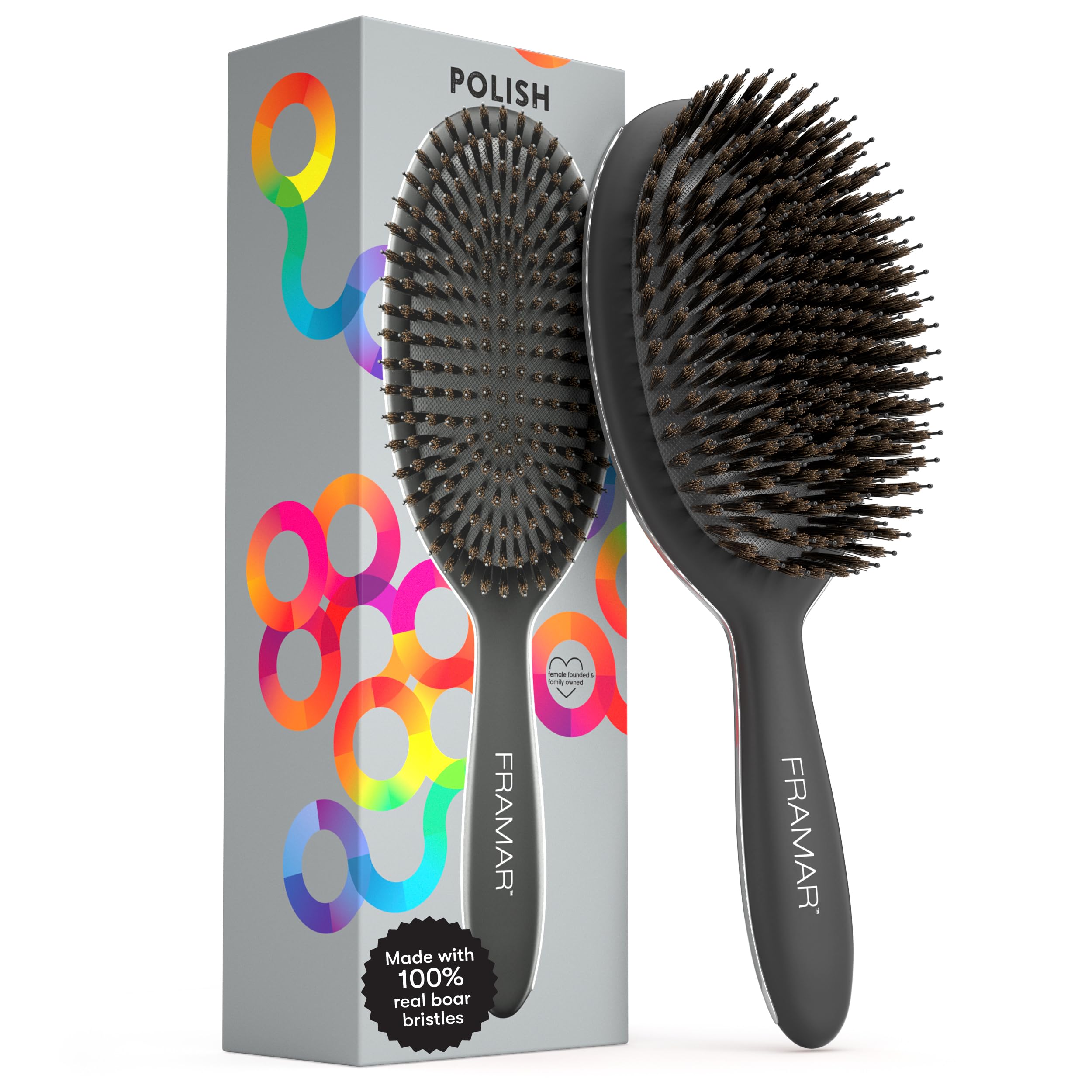 FRAMAR Soft Boar Bristle Hair Brush For Women – Boars Hair Brush For Women, Boar Brush For Fine Hair, Hairbrush For Fine Hair, Soft Bristle Brush For Slick Back, Volume and Shine - Black