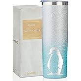 Onebttl Penguin Gifts for Women on Valentine‘s Day, Christmas, Birthday, 20oz Cute Insulated Stainless Steel Tumbler with Lid and Straw - Silver Blue
