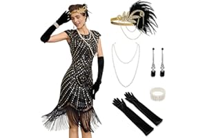 Fashinex 1920s Dresses for Women, Roaring 20s Great Gatsby Flapper Dresses Fringed Sequin Vintage Dress with Accessories Set