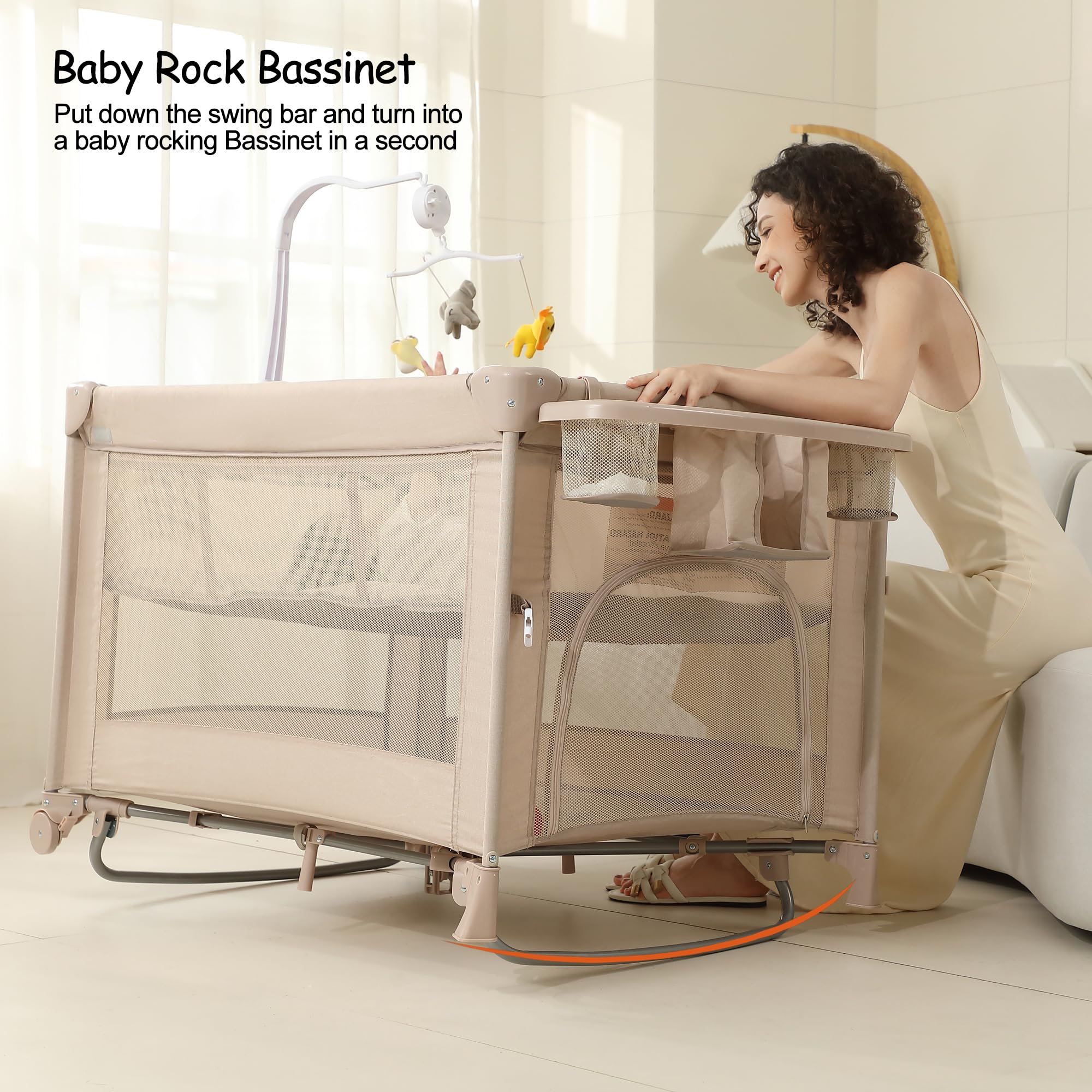 5 in 1 Pack and Play, Baby Bassinet Bedside Sleeper, Baby Playard, Bedside Crib with Changing Table, Foldable Travel Playard for Newborn to Toddles (Beige)