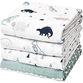 david's kids 4 Pack Baby Muslin Swaddle Blankets, 100% Cotton and Ultra Soft Breathable Receiving Blanket Wrap for Boys Girls, New Born Essentials, Large 47 x 47 inches, Dinosaur